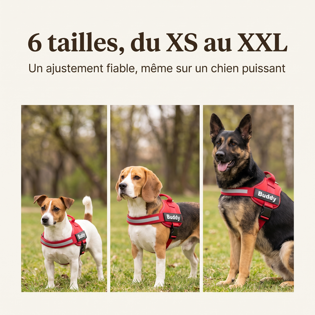 Guide des tailles du harnais Pawmino, du XS au XXL, sur trois gabarits de chiens