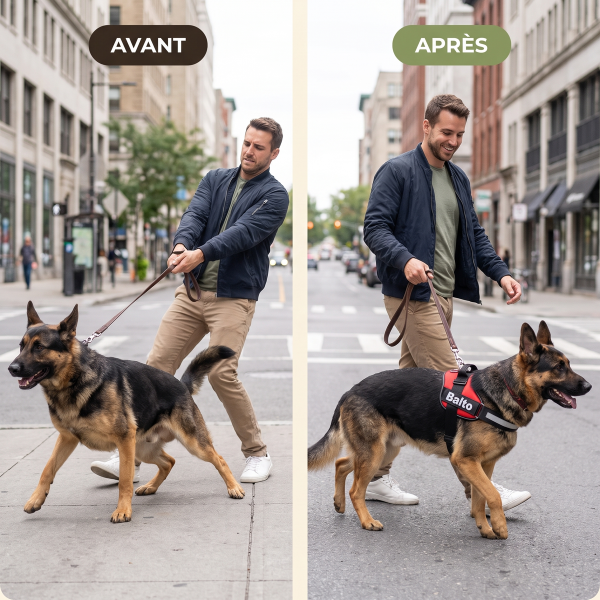 Avant / après : chien qui tire en laisse puis chien calme au pied avec le harnais Pawmino