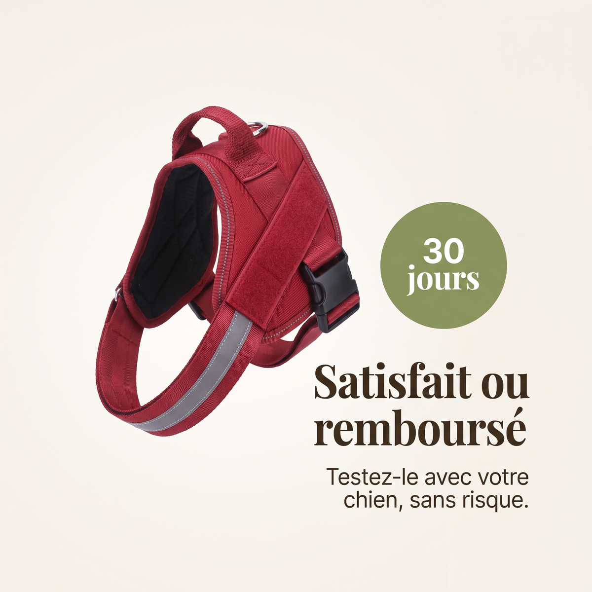 Garantie satisfait ou remboursé 30 jours sur le harnais Pawmino