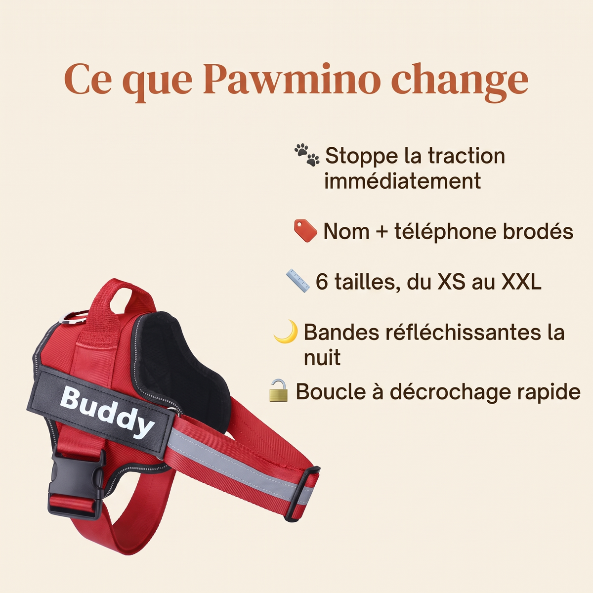 Liste des bénéfices du harnais Pawmino : anti-traction, broderie, tailles, réfléchissant
