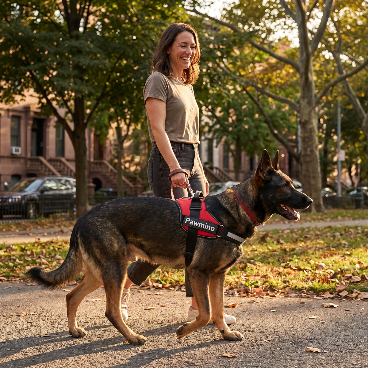 Propriétaire promenant son chien calmement avec le harnais Pawmino